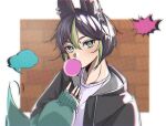  1boy alternate_costume animal_ear_fluff animal_ears black_hair black_hoodie blank_speech_bubble bubble_blowing chewing_gum commentary earrings fox_boy fox_ears fox_tail genshin_impact green_eyes green_hair hood hoodie jewelry looking_at_viewer male_focus multicolored_hair papipipi71 shirt solo speech_bubble tail tighnari_(genshin_impact) white_shirt 