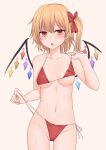  1girl bare_arms bare_legs bare_shoulders bikini blonde_hair blush breasts collarbone cowboy_shot crystal fingernails flandre_scarlet groin hair_between_eyes highres long_hair miyo_(ranthath) navel one_side_up open_mouth red_bikini red_eyes side-tie_bikini_bottom small_breasts solo swimsuit touhou wings 