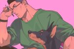  1boy black_hair dog glasses green_shirt highres holding holding_pencil ke_(ke_sd) male_focus muscular muscular_male original pencil pink_background shirt simple_background sitting sleeves_rolled_up t-shirt thick_lips wristband 