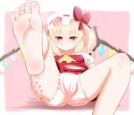  1girl akabashi_yuusuke barefoot blonde_hair bloomers blush border breasts feet flandre_scarlet foot_focus foot_out_of_frame hat highres looking_at_viewer mob_cap nail_polish open_mouth pink_background pink_nails reclining red_eyes shadow short_sleeves sitting small_breasts smile soles solo touhou underwear white_border wings 
