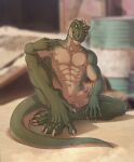 abs anthro balls bodily_fluids claws cum dinosaur genital_fluids genitals gesture green_body green_scales hi_res humanoid_genitalia humanoid_penis male middle_finger muscular muscular_anthro muscular_male nipples pecs penis reptile rocco_(tallion) scales scalie solo spikes spikes_(anatomy) theropod tres-art tyrannosaurid tyrannosaurus tyrannosaurus_rex vein veiny_penis 
