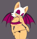  anthro bat blue_eyes breasts clothing eyeshadow female fur gloves handwear hi_res light_body light_skin lipstick looking_at_viewer makeup mammal membrane_(anatomy) membranous_wings narrowed_eyes navel rouge_the_bat scittykitty sega signature simple_background solo sonic_the_hedgehog_(series) under_boob white_body white_fur wings 