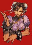 1girl bracelet breasts brown_eyes brown_hair bun_cover china_dress chinese_clothes chun-li double_bun dress earrings eyeliner fighting_stance hair_bun hungry_clicker jewelry lipd makeup medium_breasts red_background short_sleeves simple_background solo spiked_bracelet spikes street_fighter upper_body v-shaped_eyebrows 