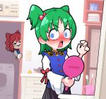  2girls blue_eyes blush borrowed_hairstyle buttons caught epaulettes green_hair hair_bobbles hair_ornament highres mirror multiple_girls onozuka_komachi red_eyes red_hair shiki_eiki solidus_(sword_cube) toothbrush touhou twintails 