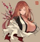  1girl baiken breasts cleavage guilty_gear jako_(toyprn) japanese_clothes kimono large_breasts long_hair red_eyes red_hair scar scar_across_eye solo torn_clothes 