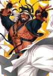  1boy abs artist_name bara beard belt black_hair brown_eyes chest_belt facial_hair feet_out_of_frame fighting_stance gloves hairy highres large_pectorals long_hair looking_at_viewer male_focus manly mature_male muscular muscular_male nipples no_shirt pants pectorals rashid_(street_fighter) signature simple_background skirt smile solo street_fighter street_fighter_6 tan teeth thick_arms thick_eyebrows thick_thighs thighs veins xelgot 