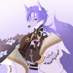  aeristar ambiguous_gender anthro canid canine clothed clothing crop_top fluffy fluffy_tail fox fully_clothed fur hair harness hi_res inner_ear_fluff kuya_(nu:_carnival) mammal nu:_carnival purple_body purple_fur purple_hair shirt smile solo tail topwear tuft 