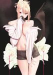  1girl black_background black_shorts black_wings blonde_hair breasts cleavage flower hair_between_eyes hand_to_own_mouth henken highres jacket large_breasts long_hair long_sleeves looking_at_viewer off_shoulder open_clothes open_jacket original red_eyes short_shorts shorts sienna_(henken) simple_background single_wing solo very_long_hair white_flower white_jacket wings 