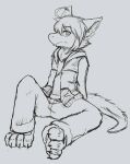  anthro barefoot bottomwear cheek_tuft clothed clothing facial_tuft feet front_view full-length_portrait hi_res kuttoyaki looking_at_viewer male monochrome mouth_closed pants portrait simple_background sitting sketch solo spread_legs spreading topwear tuft 