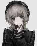 1girl black_eyes black_headwear black_jacket blonde_hair blunt_bangs chan8016 collar dot_nose empty_eyes fingernails flipped_hair frills gothic grey_background grey_eyes hand_up head_tilt highres jacket long_hair long_sleeves looking_at_viewer muted_color original pale_skin parted_lips sidelocks simple_background sleeves_past_wrists solo spiked_collar spikes straight-on striped upper_body wolf_cut 