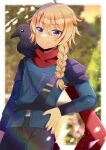 1girl ahoge animal animal_on_shoulder bird bird_on_shoulder bird_request black_pants blonde_hair blue_eyes blue_shirt blurry blurry_background blush braid closed_mouth commentary_request commission cowboy_shot depth_of_field hair_between_eyes hand_on_own_hip kou_hiyoyo long_hair long_sleeves looking_at_viewer original pants red_scarf scarf shirt single_braid skeb_commission smile solo 