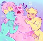  2023 achuchones_(unicorn_wars) anthro balls bear blue_body blush bodily_fluids coco_(unicorn_wars) dongoverlord erection exclamation_point eyes_closed fingering genitals gordi_(unicorn_wars) group hi_res humanoid_hands male male/male mammal moobs nipples overweight overweight_male penis surprise sweat tongue tongue_out unicorn_wars yellow_body 