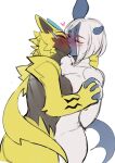  2023 absol anthro areola blush breast_squish breasts digital_media_(artwork) eyes_closed female female/female fur generation_3_pokemon generation_7_pokemon hair hand_holding hi_res kambo kissing legendary_pokemon mammal nintendo nude pokemon pokemon_(species) simple_background squish white_body white_fur yellow_body yellow_fur zeraora 