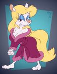  2023 animaniacs anthro bedroom_eyes blonde_hair breasts cleavage clothed clothing eyeshadow female fur gavanzude geometric_background grin hair half-closed_eyes hi_res looking_at_viewer makeup mammal minerva_mink mink mustelid musteline narrowed_eyes plantigrade robe robe_only seductive signature simple_background smile solo true_musteline warner_brothers white_body white_fur 