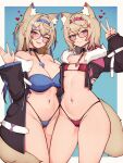  2girls animal_ear_fluff animal_ears blonde_hair blue_brooch blue_eyes blue_hair breasts dog_ears dog_girl female_pubic_hair fuwawa_abyssgard glasses hair_ornament hairband highres hololive hololive_english large_breasts mococo_abyssgard multicolored_hair multiple_girls pink_eyes pink_hair pink_hairband pubic_hair pubic_hair_peek siblings sisters small_breasts streaked_hair twins variant_set varniskarnis virtual_youtuber 