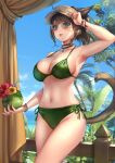  1girl arm_up armpits aruma_jiki bikini blue_eyes bracelet breasts brown_hair day facial_mark final_fantasy final_fantasy_xiv green_bikini hand_on_headwear jewelry large_breasts long_hair miqo&#039;te navel open_mouth pendant_choker ponytail side-tie_bikini_bottom solo swimsuit tree visor_cap warrior_of_light_(ff14) whisker_markings 