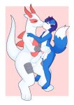  absurd_res anthro balls blue_body blue_fur detsu duo eyes_closed feet fur genitals hi_res kissing male male/male nicolas_(nicky) penis pink_background simple_background stinky_the_dragon tail white_body white_fur white_skin 