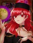 1girl bare_shoulders chain eyebrows_hidden_by_hair hand_up hecatia_lapislazuli light_smile long_hair moon_(ornament) nail_polish off-shoulder_shirt off_shoulder pinky_out polos_crown red_eyes red_hair red_nails shirt solo swept_bangs touhou upper_body utagi_0216 