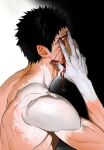  1boy absurdres black_hair blood blood_on_face blue_octopus12 from_side glowing_veins gradient_skin hand_on_own_face highres looking_at_viewer male_focus naruto_(series) naruto_shippuuden nude profile red_eyes sanpaku sharingan short_hair sideways_glance solo spiked_hair thick_eyebrows toned toned_male uchiha_obito 