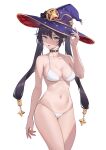  1girl absurdres bare_arms bare_shoulders bikini black_choker black_hair blue_eyes breasts choker commentary cowboy_shot genshin_impact hair_between_eyes hat helenu highres large_breasts long_hair looking_at_viewer mona_(genshin_impact) navel open_mouth purple_hair simple_background solo standing stomach swimsuit thighs twintails very_long_hair white_background white_bikini witch_hat 