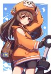  1girl adjusting_clothes adjusting_headwear anchor bike_shorts black_gloves brown_hair cabbie_hat fingerless_gloves gloves guilty_gear guilty_gear_strive hat hat_ornament highres holding holding_anchor hood hoodie long_hair long_sleeves looking_at_viewer may_(guilty_gear) orange_headwear orange_hoodie orange_shirt shirt skull_and_crossbones skull_hat_ornament umenodo yellow_eyes 