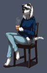  2014 anthro barefoot beverage biped bottomwear breasts canid canine canis chair clothed clothing container cup dalmatian domestic_dog feet female fully_clothed furniture holding_container holding_cup holding_object mammal nut-bar pants shirt simple_background sitting solo topwear 