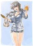 1girl alcohol alternate_costume ashigara_(kancolle) bag beer beer_mug black_eyes black_hair black_shorts blue_jacket breasts cleavage collarbone commentary_request corn corn_cob cup fang foam food hair_between_eyes hairband highres holding holding_bag holding_cup holding_food jacket kantai_collection large_breasts long_hair mug one_eye_closed open_mouth short_shorts shorts simple_background solo suzumaru white_hairband 