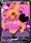  anthro big_breasts black_sclera breasts card clothing dipstick_ears dipstick_tail english_text female generation_1_pokemon gesture hair hair_over_eye huge_hips huge_thighs lewd_dorky markings middle_finger multicolored_ears nintendo one_eye_obstructed orange_hair penny_(dork_boi) pikachu pokemon pokemon_(species) shirt smile solo tail tail_markings text thick_thighs topwear white_eyes wide_hips 
