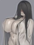  1girl arms_behind_back black_hair blush breasts covered_eyes covered_nipples curvy ghost grey_background hair_over_eyes huge_breasts kelvin_hiu large_breasts long_bangs long_hair long_shirt navel open_clothes open_shirt pale_skin see-through sharp_teeth shiny_skin shirt solo straight_hair sweatdrop teeth the_ring very_long_hair white_shirt wide_hips yamamura_sadako 