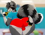  anthro big_butt bottomwear bulge butt butt_grab clothed clothing digital_media_(artwork) fur girly hand_on_butt hi_res hotpants huge_butt inviting looking_at_viewer looking_back male mammal omzzimeow open_mouth presenting presenting_hindquarters procyonid raccoon raised_tail shanukk shirt shorts simple_background smile solo spread_butt spreading standing tail teeth thick_thighs tongue topwear wide_hips 