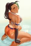  1girl armlet ass bare_shoulders black_hair body_freckles breasts closed_mouth freckles from_behind green_hair large_breasts lips long_hair looking_at_viewer looking_back micro_shorts mystra77 nemona_(pokemon) pokemon pokemon_(game) pokemon_sv shorts solo water 