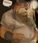  2023 absurd_res anthro belly big_belly blush brown_body brown_fur clothed clothing dialogue domestic_ferret english_text erection erection_under_clothing facial_hair fur hi_res husbando_maker killconey male mammal mustache mustelid musteline one_eye_closed overweight overweight_male redwall shirt solo text topwear true_musteline weasel wink 
