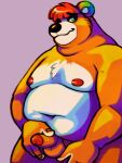  2023 animal_crossing anthro balls bear belly big_belly biped black_nose captchevron colorful deep_navel digital_media_(artwork) erection fur genitals green_eyes hair hi_res holding_penis male mammal moobs navel nintendo nipples nude orange_body orange_fur overweight overweight_male penis pudge_(animal_crossing) shaded short_hair shy solo standing 