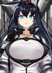 1girl absurdres animal_ear_fluff animal_ears arknights blaze_(arknights) blue_eyes blue_hair blurry blurry_background breasts commentary_request depth_of_field hair_between_eyes hairband highres indoors jacket large_breasts long_hair looking_at_viewer parted_lips red_hairband shiowasabi_teishoku shirt solo unaligned_ears upper_body very_long_hair white_jacket white_shirt 