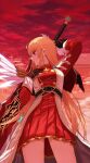  1girl absurdres beta_(maplestory) black_gloves blonde_hair cloud cloudy_sky expressionless gloves greatsword hand_on_own_chest hand_up highres hourglass long_hair looking_to_the_side maplestory planted planted_sword red_eyes red_sky se_tu_(55559229) single_wing sky solo sword thighs uniform upper_body weapon wings 