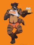  4_toes 5_fingers alcohol anthro beer beer_mug belly belly_overhang beverage black_nose body_hair bottomwear brown_body brown_eyes brown_fur brown_hyena chest_fur chest_hair chicken_meat clothed clothing crop_top digitigrade eyebrows fangs feet fingers food fries fur hair happy_trail hi_res himbo himbo_hooters humanoid hyena male mammal maracaso markings marrow_(sebastiansb) meat midriff navel orange_background orange_clothing partially_clothed ponytail roast_chicken_leg serving_tray shirt shorts simple_background slightly_chubby smile smiling_at_viewer solo solo_focus striped_body striped_fur striped_markings striped_tail stripes tail tail_markings tan_body tan_fur tank_top teeth text text_on_clothing text_on_shirt text_on_topwear toes topwear underbite 