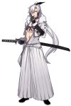  1boy absol full_body gloves grey_choker grey_gloves grey_hair hair_intakes hakama japanese_clothes katagiri_hachigou katana male_focus multicolored_hair personification pokemon ponytail red_eyes sheath simple_background solo sword two-tone_hair weapon white_background white_hair white_hakama 