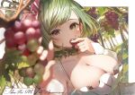  1girl anniversary blurry blurry_foreground breasts cleavage copyright_request covering_mouth dated dress food fruit grapes green_hair grey_eyes large_breasts long_sleeves looking_at_viewer medium_hair outdoors ryota_(ry_o_ta) shadow solo tree upper_body white_dress white_nails 