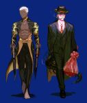  2boys absurdres baragi black_headwear black_jacket black_pants black_vest blue_background blue_hair bouquet cigar closed_mouth collarbone collared_shirt cu_chulainn_(fate) cu_chulainn_alter_(fate) dark-skinned_male dark_skin dual_wielding earrings emiya_alter facial_mark fate_(series) fedora flower frown gun hat highres holding holding_bouquet holding_gun holding_weapon jacket jewelry male_focus mature_male mouth_hold multiple_boys necktie orange_eyes pants pectorals ponytail red_flower red_necktie red_rose rose shirt short_hair simple_background smoking tail very_short_hair vest weapon white_hair white_shirt yellow_eyes 