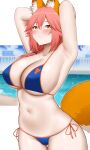  1girl absurdres animal_ears arind_yudha armpits arms_behind_head bare_arms bikini blue_bikini breasts cleavage collarbone commentary fate/grand_order fate_(series) fox_ears fox_girl fox_tail highres huge_breasts looking_at_viewer navel pink_hair side-tie_bikini_bottom solo stomach swimsuit tail tamamo_(fate) tamamo_no_mae_(fate/extra) tamamo_no_mae_(swimsuit_lancer)_(fate) thighs white_background yellow_eyes 