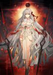  1girl bare_shoulders belly_chain bracelet breasts durga_(fate) earrings fate/grand_order fate_(series) grey_hair hair_ribbon jewelry large_breasts long_hair official_art red_eyes ribbon snake starshadowmagician thighs 