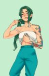  1girl arm_tattoo blue_pants clothes_lift coral_island double_strap_slip green_background green_hair lifted_by_self long_hair looking_at_viewer nose_piercing pants piercing ponytail shirt_lift solo standing tattoo thom_sketching yuri_(coral_island) 
