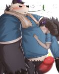  2023 anthro bear belly belly_squish black_arms black_body black_fingers black_fur blue_clothing blue_shirt blue_topwear blush bottomless censored clothed clothing duo emanata erection fully_clothed fur generation_6_pokemon genitals glans grey_arms grey_body grey_fingers grey_hands grey_skin hand_on_stomach headgear headwear hi_res human human_on_anthro interspecies larger_male male mammal mosaic_censorship nintendo nullraihigi overweight overweight_anthro overweight_male pangoro penis pokemon pokemon_(species) shirt side_view size_difference squish topwear towel towel_around_neck white_body white_fur 