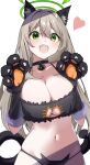  1girl absurdres animal_ears animal_hands black_bra black_gloves black_panties blue_archive blush bra breasts cat_cutout cat_ears cat_lingerie cat_paws cat_tail cleavage clothing_cutout collarbone fang gloves green_eyes green_halo halo heart highres large_breasts light_brown_hair looking_at_viewer meme_attire mizumok1 navel nonomi_(blue_archive) open_mouth panties paw_gloves simple_background skin_fang smile solo tail underwear upper_body white_background 