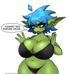  big_breasts blue_hair bra breasts cleavage clothed clothing female goblin green_body green_skin hair huge_breasts humanoid not_furry panties solo thick_thighs twistingtoxic underwear 