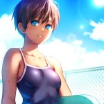  bare_shoulders blue_eyes blue_sky breasts brown_hair cloud competition_school_swimsuit looking_at_viewer nora_wanko original parted_lips school_swimsuit short_hair sky small_breasts sunlight surfboard swimsuit tan tomboy wet 