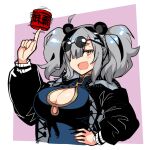  1girl animal_ears arknights bangs black_hair black_jacket blue_dress blush breasts china_dress chinese_clothes cleavage cleavage_cutout clothing_cutout dress eyewear_on_head fang feater_(arknights) grey_hair hair_over_one_eye hand_on_hip jacket large_breasts long_sleeves multicolored_hair open_mouth panda_ears panda_girl simple_background skin_fang solo streaked_hair tsukinami_kousuke twintails upper_body wide_hips 