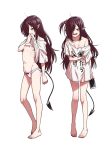  1girl bags_under_eyes bare_legs bow bow_panties breasts breasts_apart brown_hair cellphone cleavage clothes_lift covering_mouth demon_tail full_body fumitan_(humitan) hair_bobbles hair_ornament hair_over_one_eye highres holding holding_phone lifted_by_self long_hair looking_at_viewer messy_hair multiple_views navel off_shoulder one_side_up open_mouth original panties phone pink_panties pointy_ears ribs shirt shirt_lift simple_background small_breasts smartphone smile stomach swept_bangs tail underboob underwear very_long_hair white_background white_shirt yellow_eyes 