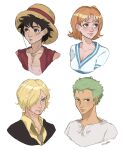  1girl 3boys black_eyes black_hair black_jacket blonde_hair blue_eyes brown_eyes cigarette close-up curly_eyebrows earrings eiriseth english_commentary goatee_stubble green_hair hair_over_one_eye hat highres jacket jewelry looking_to_the_side monkey_d._luffy multiple_boys nami_(one_piece) necktie one_piece open_clothes open_shirt orange_hair red_shirt roronoa_zoro sanji_(one_piece) scar scar_on_chest scar_on_face shirt short_hair simple_background smile straw_hat white_background white_shirt yellow_shirt 