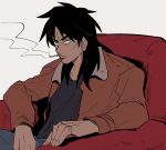  1boy armchair black_eyes black_hair black_shirt bomber_jacket brown_hair chair cigarette closed_mouth commentary_request frown grey_pants highres inudori itou_kaiji jacket kaiji long_hair long_sleeves looking_at_viewer male_focus medium_bangs pants scar scar_on_cheek scar_on_ear scar_on_face scar_on_hand shirt sitting smoking solo upper_body white_background 